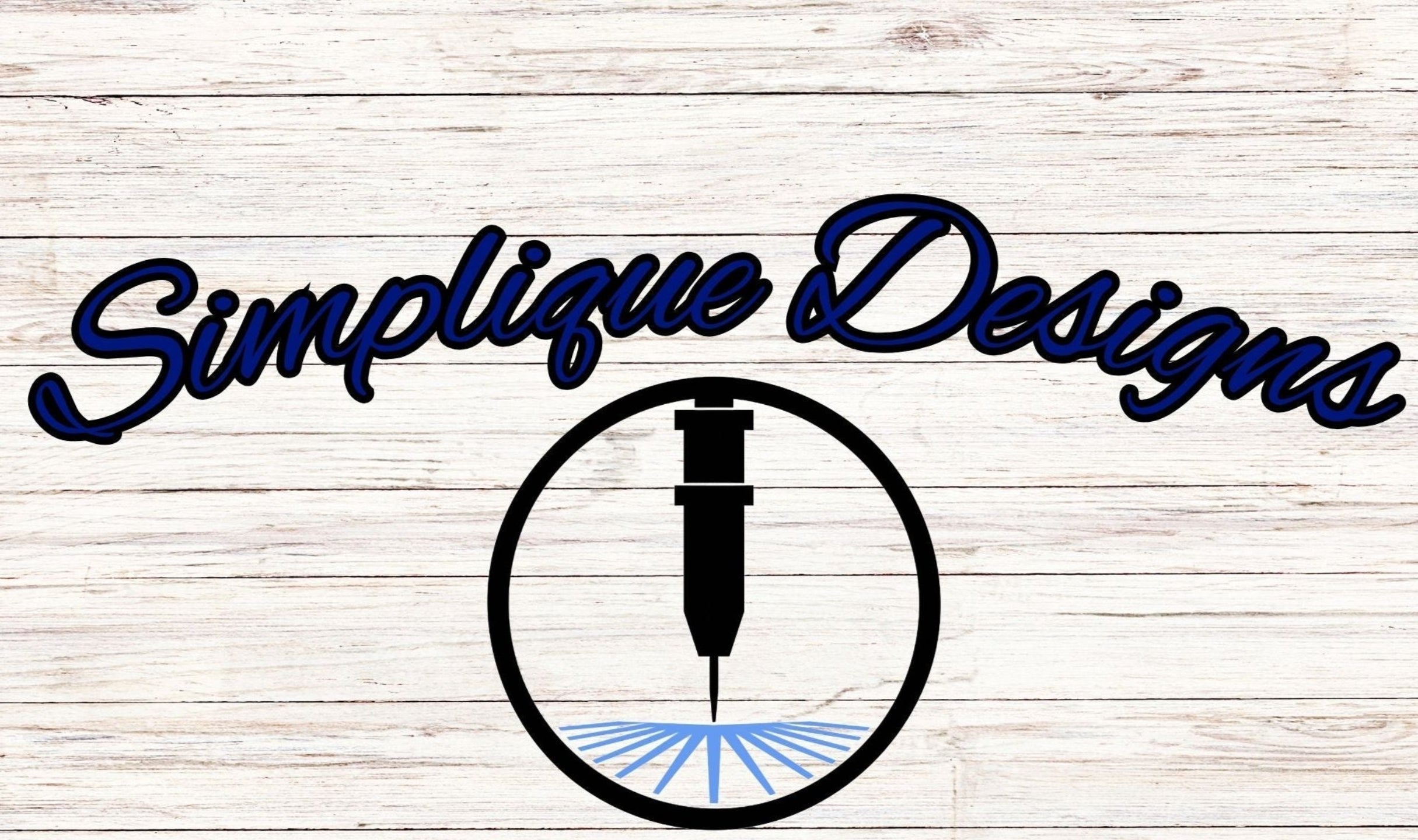 Simplique Designs logo on a wooden background